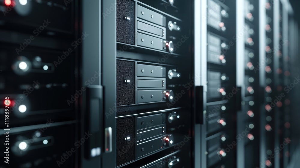 Poster modern server racks with blinking lights processing and storing digital information in a data center