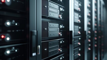 Modern server racks with blinking lights processing and storing digital information in a data center, highlighting innovative production techniques