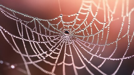 A close-up of a spider web adorned with dew droplets.
