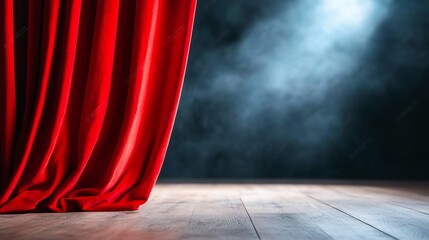 Dramatic theater stage scene with spotlight and red curtain, evoking mystery and anticipation in a captivating performance setting.