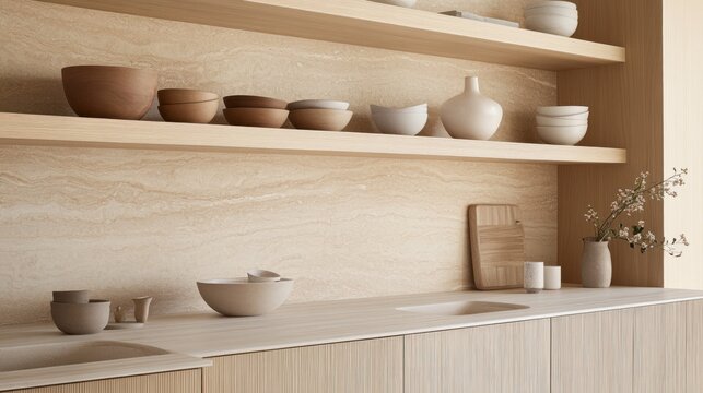Minimalist kitchen design featuring wooden shelves and beige stone
