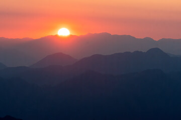 A beautiful view of Garhwal mountain range during the sunset from the outskirts of Chopta, Uttarakhand
