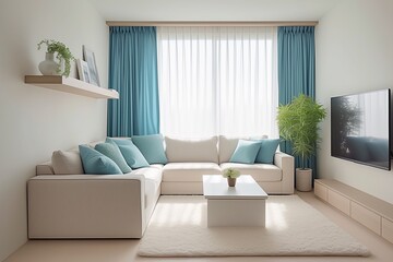 Simple and modern living room decoration in white and pastel blue tone