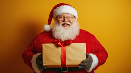Naklejka premium Photo of big belly fat santa claus enjoy x-mas night christmas event celebration hold big gift box wear headwear