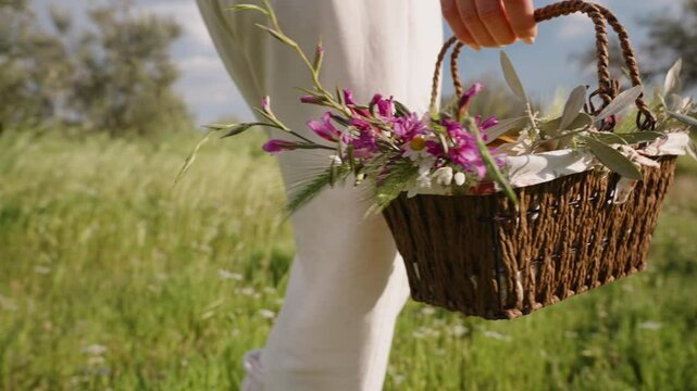 A Hand Holds a Basket of Flowers and Easter Eggs, as a Woman in White Pants Walks Through a Bright Green Field. Slow motion.