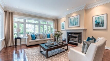 Fototapeta premium Elegant Living Room Interior Design With Modern Fireplace