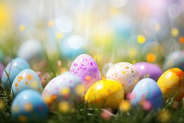Colorful Easter Eggs Nestled on Soft Green Grass with Blurred Background and Bokeh Lights for Festive Spring Celebrations and Holiday Decorations