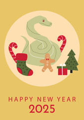 Happy New Year 2025 card with snake, tree, and gifts. Festive illustration of a snake with a Christmas tree, gifts, vertical design, cards, banners.