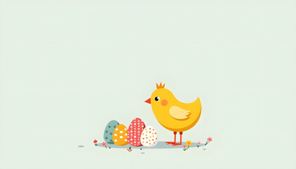 Minimalistic Easter card illustration featuring a chick and patterned eggs in a flat design