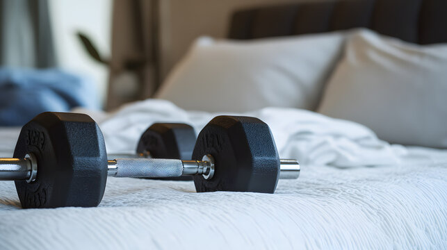Balanced dumbbell pillow exercise, restful sleep workout lifestyle, energetic training home bed, dynamic gym sport, fitness wellness relaxation.