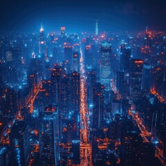 A vibrant city skyline at night, illuminated by colorful lights and bustling traffic.