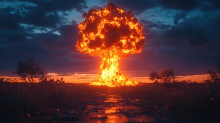 Nuclear explosion mushroom cloud over field at sunset.