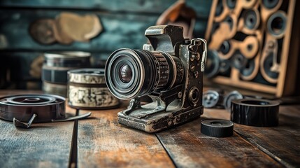 Vintage movie camera and film reels on wooden table.