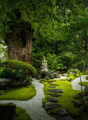 Kamakura near Tokyo Japan temple garden with statue of Buddha