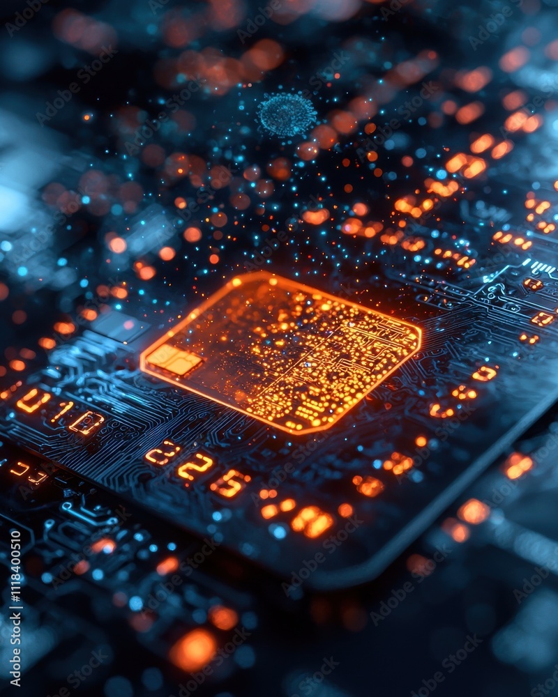 Poster exploring technological advancements in circuitry a close-up view of microchip design and innovation