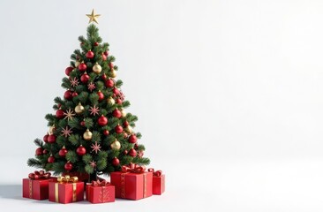 Decorated Christmas tree with presents on white background for a banner or a greeting card,