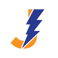 Letter J For Electric Logo Combination With Lightning Thunder Bolt Icon. Power Logo Design