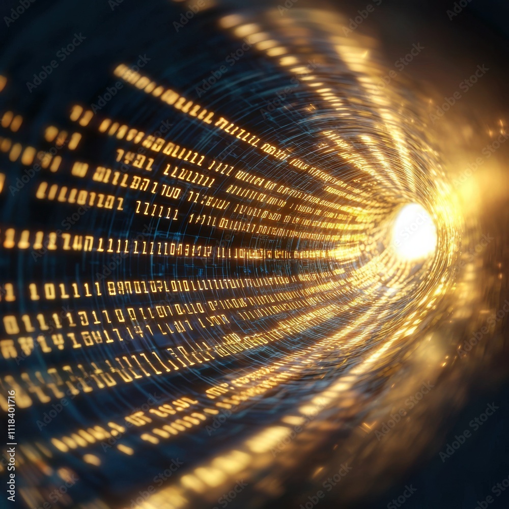 Poster exploring digital transformation through binary code in a futuristic tunnel technology abstract virt