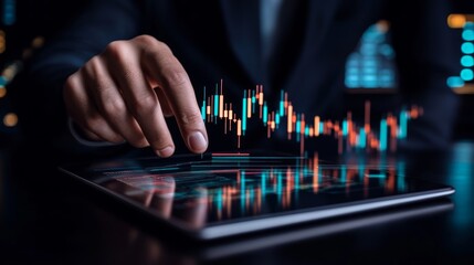 Close-up of hand interacting with a tablet displaying financial data and graphs.