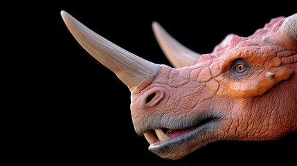 Ancient Predator: Close-up of a formidable Triceratops dinosaur with its iconic horns and toothy...