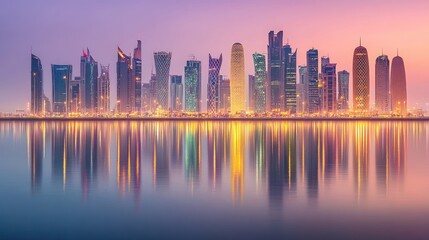 Fototapeta premium Doha Skyline Reflecting In Calm Waters At Sunset