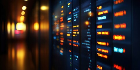 Digital boards display important train schedules and notifications in a busy transit environment