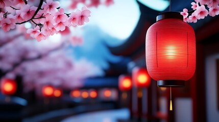 Serene pathway adorned with traditional red lanterns and cherry blossoms, evoking a sense of peace and cultural beauty.