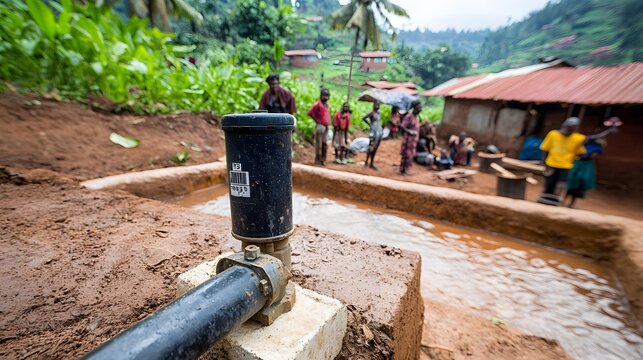 water meter positioned near a community well, with villagers in the background, emphasizing the importance of water in rural life. [Water meter]:[valuable resource] 