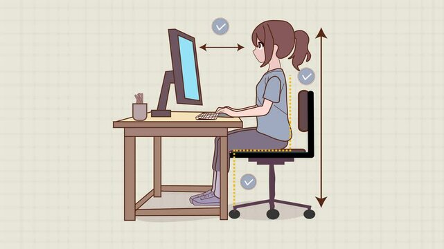 Correct Posture Position Sit and Safe Eye Distance From Computer Screen. Young Female sitting on desk table in The right position. Flat design animation