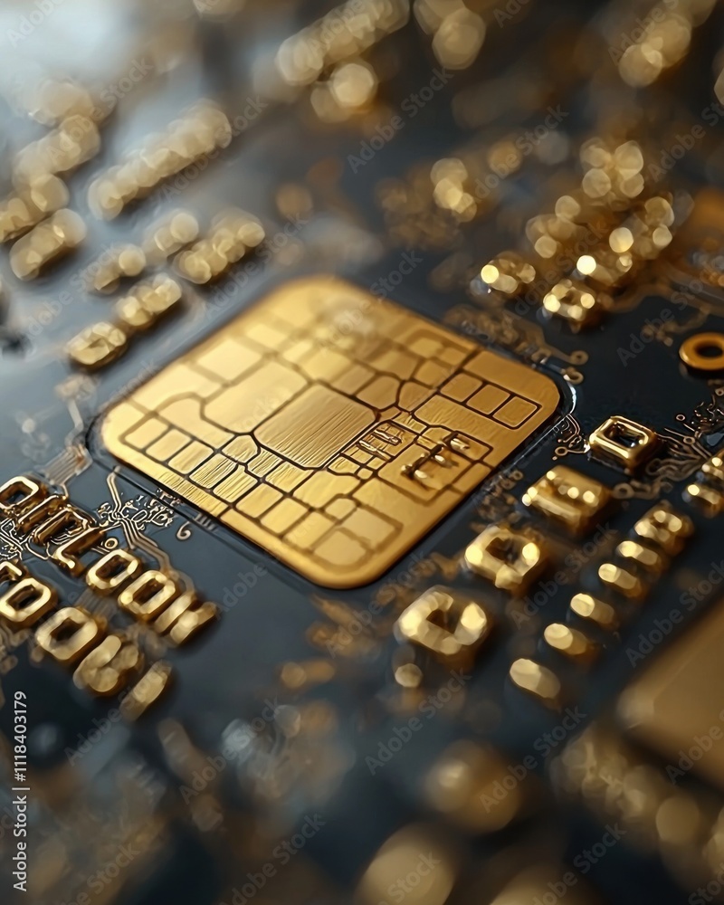 Poster exploring advanced technology close-up of a golden microchip laboratory setting digital innovation h