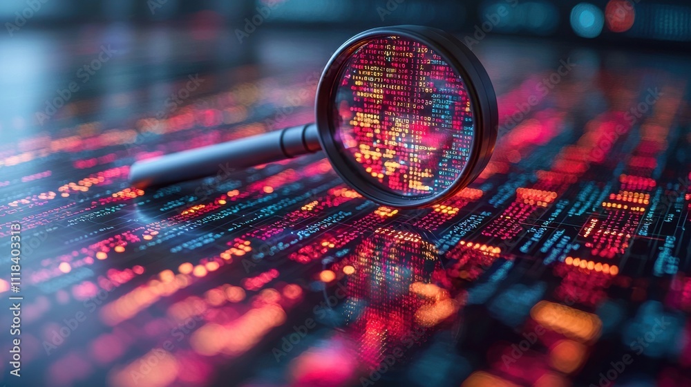 Poster data analysis action with magnifying glass digital environment abstract technology concept close-up 