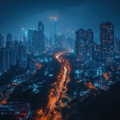 A vibrant cityscape at night, showcasing illuminated skyscrapers and a winding road.