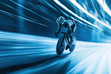 Cyclist racing on a futuristic blue-lit track