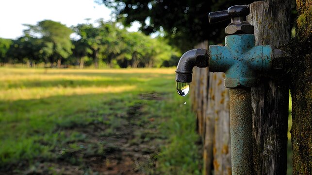 close-up of a water faucet, with a single drop of water falling, symbolizing the preciousness of this resource. [TAB water]:[valuable resource] 