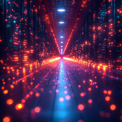 A futuristic corridor with vibrant red and blue lights, creating a mesmerizing and dynamic atmosphere.