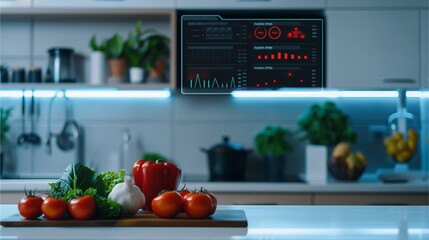 Smart Kitchen Technology: A modern kitchen with a sleek, futuristic display showcasing fresh produce. The image conveys the seamless integration of technology into the culinary world.