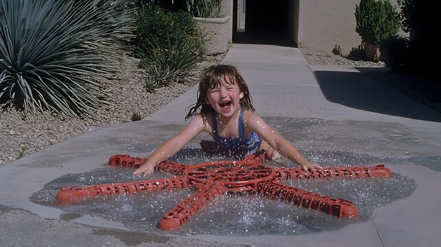 child playing in a sprinkler, laughing joyfully, highlighting the simple pleasures of water. [TAB water]:[valuable resource] 