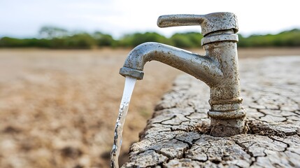 dramatic image of a drought-stricken landscape, with a single tap water faucet providing relief, emphasizing the value of this resource. [TAB water]:[valuable resource] 