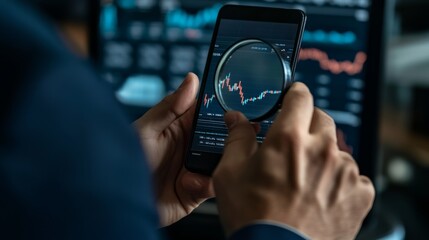 Close-up of hands holding smartphone, magnifying graph details on screen.
