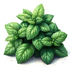 A vibrant cluster of green basil leaves showcasing their rich texture and freshness.