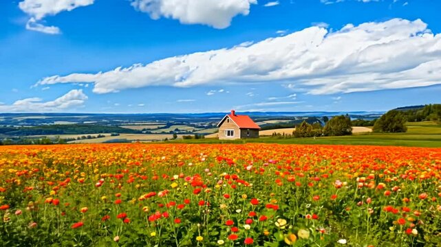 A picturesque landscape featuring a wooden house amidst a vibrant flower field under a blue sky.