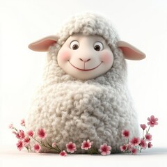 Cute cartoon sheep surrounded by pink flowers on white background.