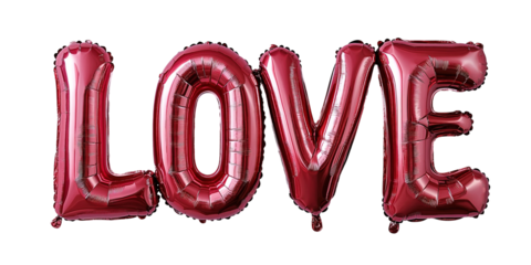 Red balloons forming the word LOVE on transparent background. For Valentine's Day.