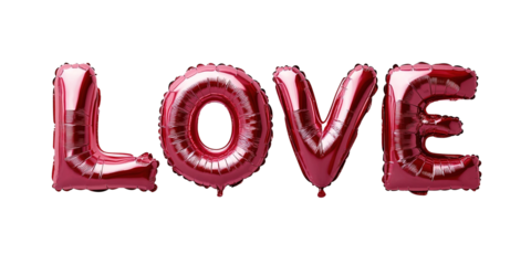 Red balloons with the word LOVE written on transparent background. For Valentine's Day.