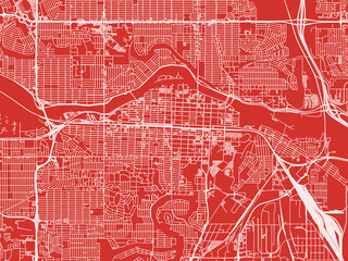 Christmas Map of Calgary center Alberta, Canada in Snowy White on Festive Red Background.