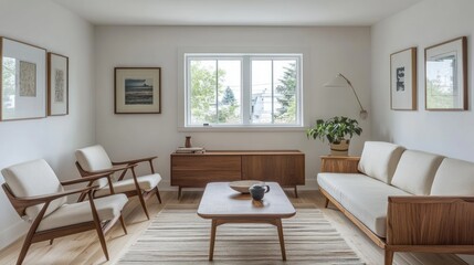 Fototapeta premium Modern Living Room With Wooden Furniture And Artwork