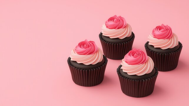 Valentine chocolate buttercream idea. Delicious chocolate cupcakes with pink frosting on a pastel background.