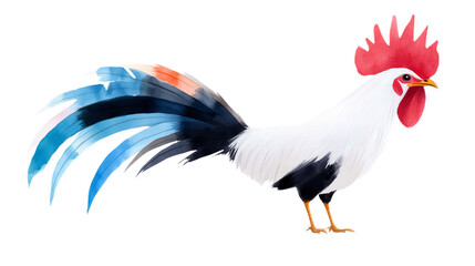 Obraz premium Vibrant watercolor rooster with colorful tail feathers in profile view isolated on transparent PNG background