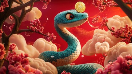 Obraz premium Cartoon snake holding a golden coin, set against a vibrant red background with swirling clouds and plum blossoms.