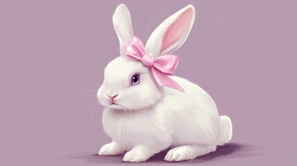 Obraz premium Graceful white rabbit with a pink bow on its ear, sitting delicately on a lavender background --ar 16:9 --style raw --v 6.1 Job ID: 5459cc06-008b-48df-99bd-9d26f88019d2